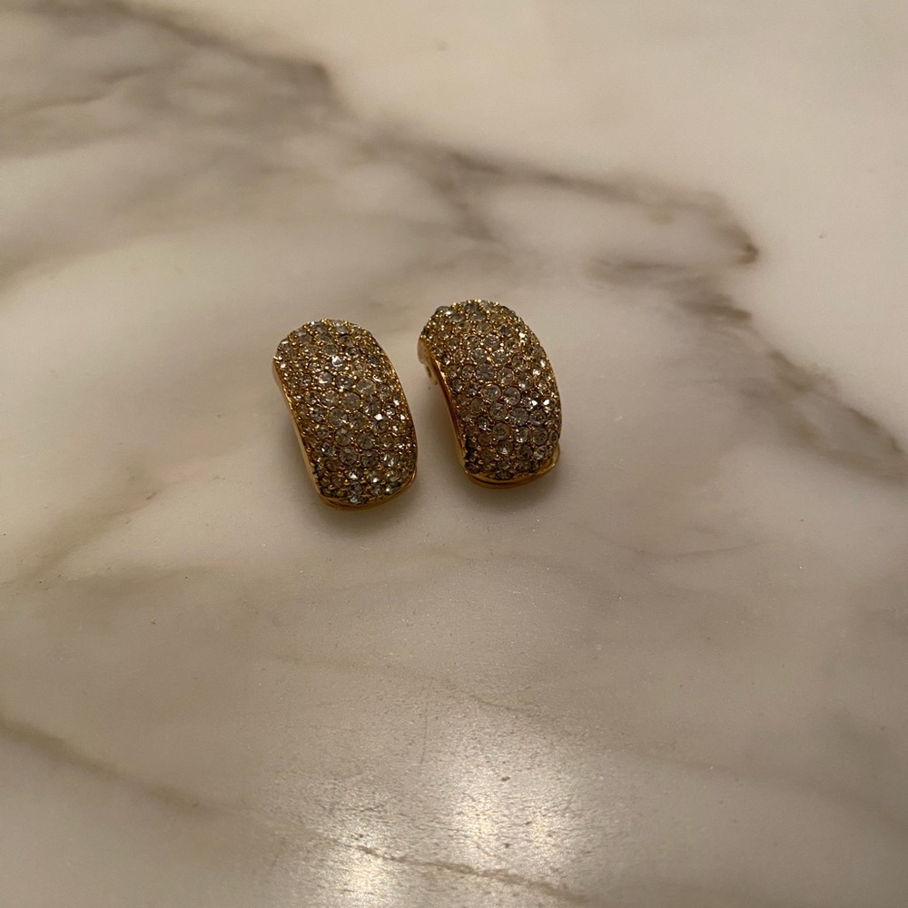 Dior Earrings Gold Tone Rhinestone Pave Half Hoop Clip Signed Christian Dior Vtg